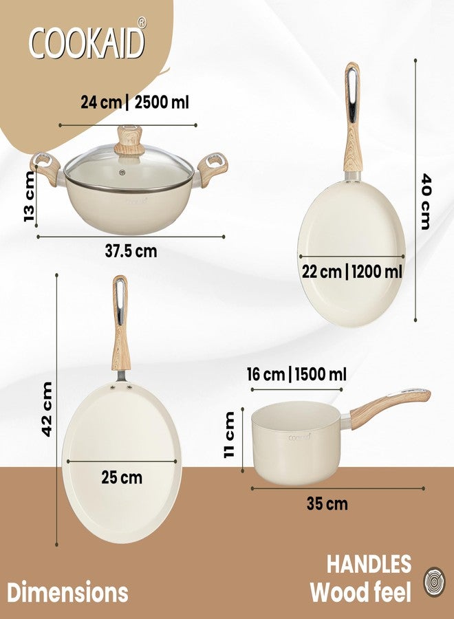 Cookaid Velora Series Cook & Serve Set with Lid | Ceramic Non Stick Cookware Set 7 Pcs (7, Cream) - Image 2